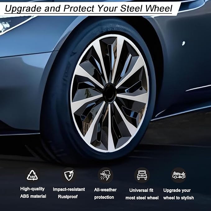 Hubcap Wheel Cover Replacement R17 Hub Caps Universal-Fit Steel Wheel Rim Cover ABS Material Exterior Accessories for Car Truck SUV -Set of 4（17-inch，Silver-Black）