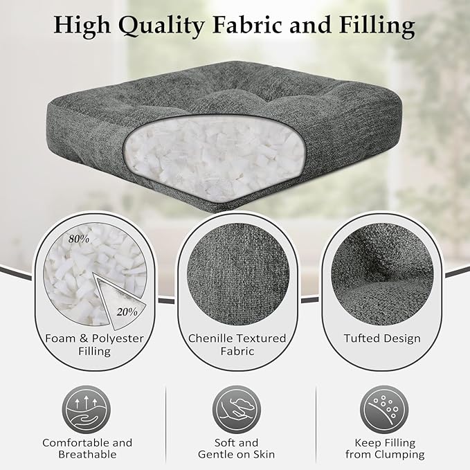downluxe Chair Cushions for Dining Chairs 4 Pack, Tufted Indoor Chair Pads with Non-Slip Bottom, U-Shaped Kitchen Chair Cushions, 18"x18"x4", Dark Grey