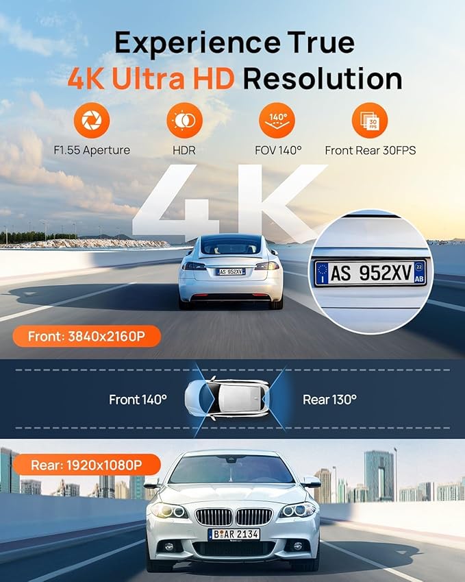 70mai 4K Dash Cam Front and Rear, Built in Wi-Fi 6 & GPS Car Camera, Super Night Vision, ADAS, 3'' IPS Screen, 24H Parking Mode, Time-Lapse, Loop Recording, with 128GB Card (A800SE)