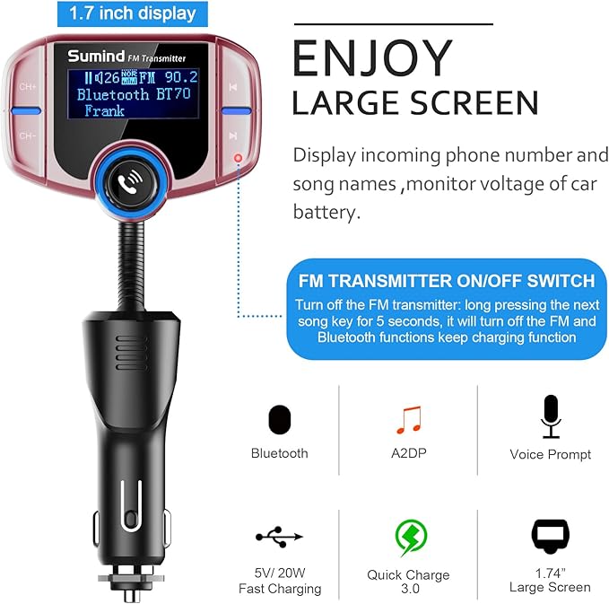 Sumind 2026 Upgraded Wireless Bluetooth Car Adapter FM Transmitter, 1.7'' LCD Display, Flexible Gooseneck, 20W QC3.0&Dual USB Ports, AUX Input/Output for Hands-Free Call, Micro/TF Card(Rose,PD)