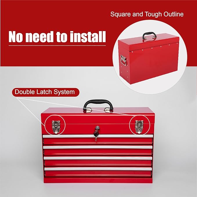 21" Portable 4 Drawer Steel Toolbox, 5 Layers of Tools with Metal Latches, with Top Storage Tray and Carrying Handle, Multi-Function Tool Chest for Garage, Home,or Workbench（red）