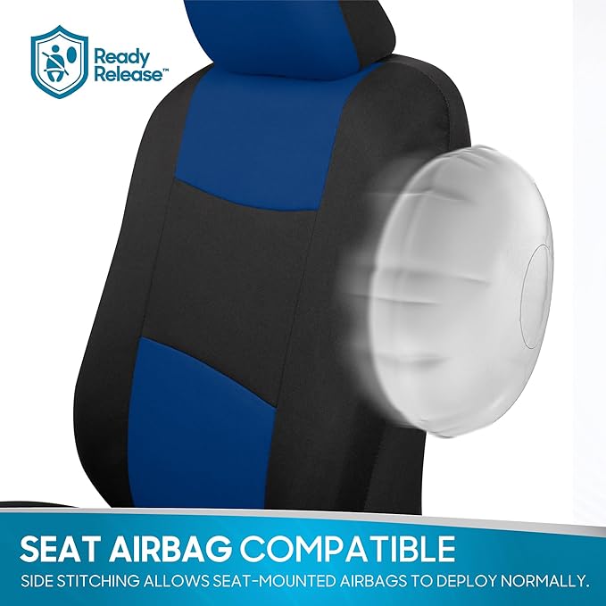 BDK PolyPro Car Seat Covers Full Set in Blue on Black, Front and Rear Split Bench Seat Covers for Cars, Easy to Install Car Seats Cover Set and Accessories for Auto Trucks Van SUV - Blue