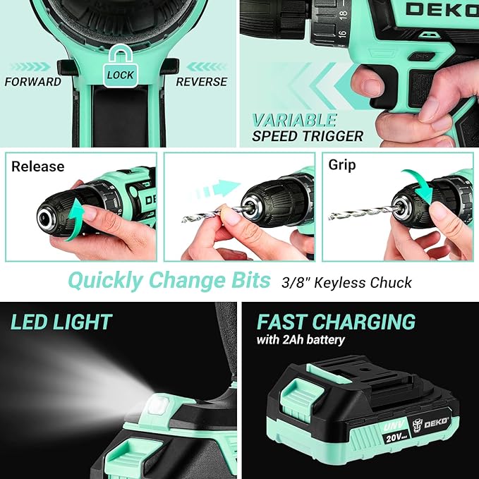 Drill Tool Kit Set: 20V Cordless Power Drill Tool Box with Battery Electric Drill Driver for Men Home Hand Repair Basic Toolbox Tools Sets Drills Case, Turquoise