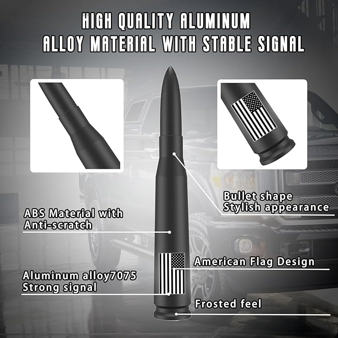 Car Truck Bullet Antenna with Valve Stem Caps-Universal Antenna Mast for GM Silverado 1500 2500 3500 Ford F150 F250 F350 Heavy Duty Pickup Truck Accessories(Matte Black)-America Flag Style