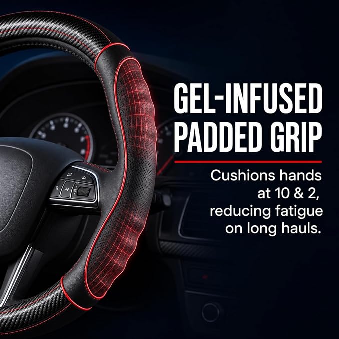 18 Inch Semi Truck Steering Wheel Cover for Freightliner Cascadia, Kenworth T680 T880, Peterbilt 579, Volvo VNL - Anti-Slip Carbon Fiber Grip - Carbon Red