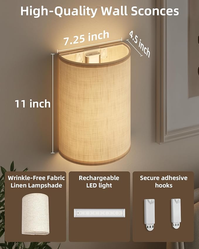 EZVALO Battery Operated Wall Sconce, Rechargeable Wall Sconces Set of Two with Remote, 3 Color & 80 RGB Wireless Wall Mount Lamp, Dimmable, Timer, Peel and Stick, Fabric Linen Wall Lights for Bedroom