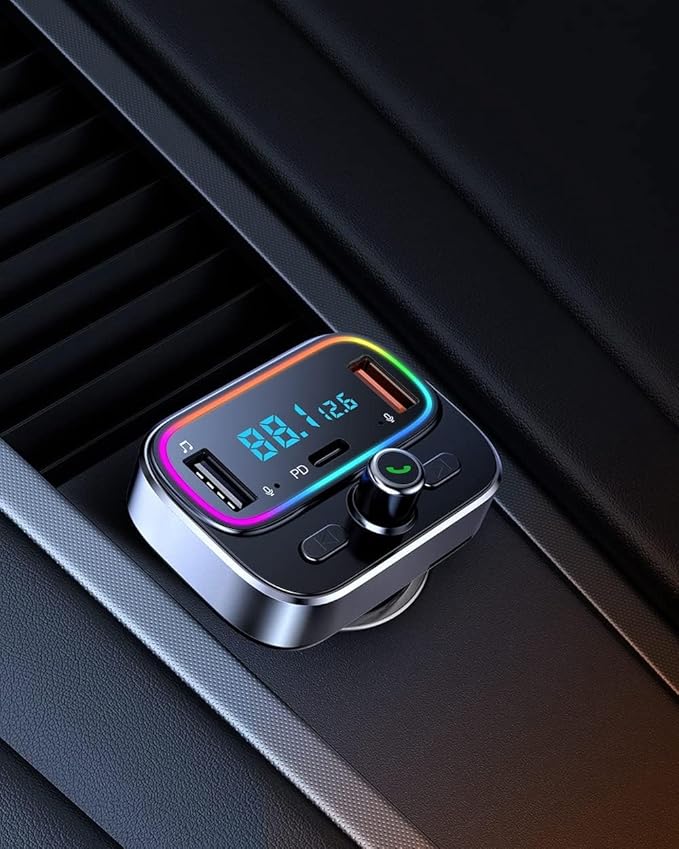 Bluetooth 5.4 FM Transmitter for Car Wireless Radio Adapter Kit, Hands-Free Calling Dual Microphone, Fast Charging 18W & PD 20W for All Smartphones Audio Players, Supports TF/SD Card and USB Disk