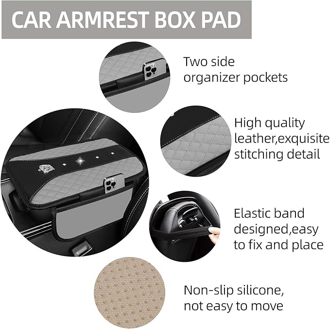 NBTEPEM 6 PCS Bling Car Accessories Set, Leather Steering Wheel Covers Universal 14.5-15 inch, Center Console Cover, Seat Belt Cushion, Cup Holder Coaster (Gray)