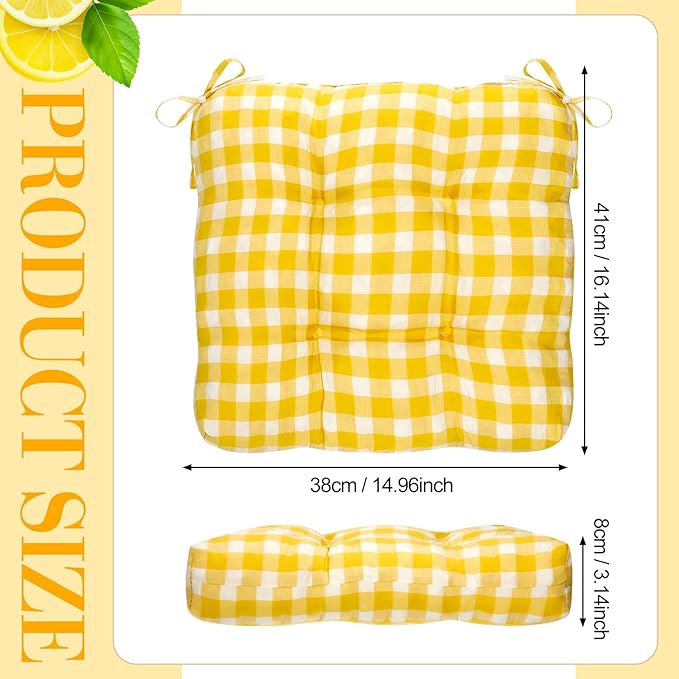 Geetery 4 Pack Chair Cushions for Dining Chairs, 16" x 15" Lemon Yellow Kitchen Chair Cushions with Ties Buffalo Plaid Soft Comfy Seat Pads for Home Office Living Room Outdoor Indoor