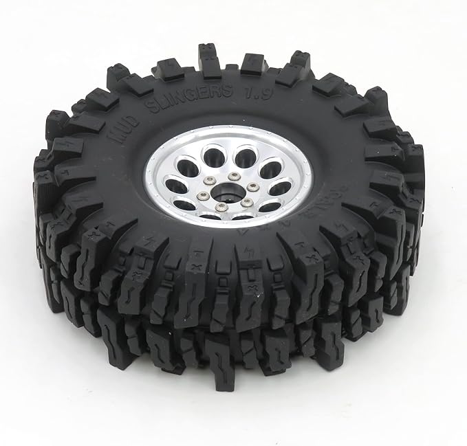 HOBBYSOUL 1.9 Crawler Tires and Wheels 120mm Soft Sticky 1.9 Mud Slingers Tires & 1.9 Beadlock Wheels Silver Rim for 1/10 RC Crawler Traxxas TRX4 Axial SCX10, (4 Pack)