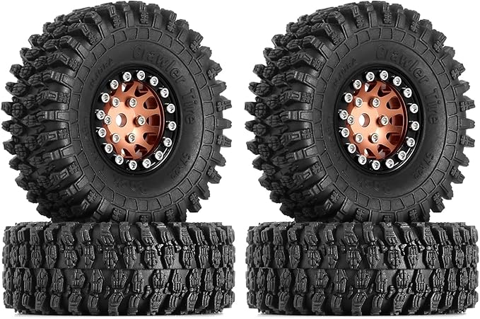 INJORA 1.0 Beadlock Wheel S5 Super Soft Sticky Crawler Tires for TRX4M Axial AX24 SCX24 FCX24 Enduro24 Upgrade, 57 * 22mm(Black＆Copper)
