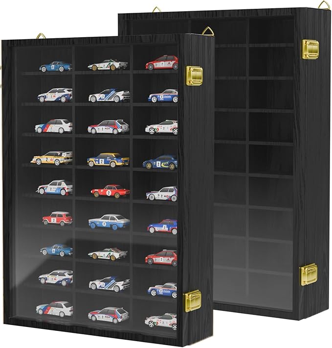 2 Pack Hot Wheels Storage Display Case Wall Mounted, Wooden Hotwheels Toy Car Storage 1/64 Display Case Shelf Organizer for 54 Hot Wheel Model Car (2, Blackcolor, Only Case)