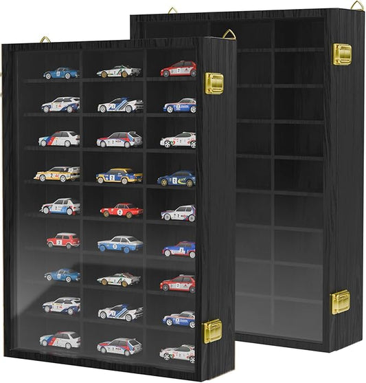 2 Pack Hot Wheels Storage Display Case Wall Mounted, Wooden Hotwheels Toy Car Storage 1/64 Display Case Shelf Organizer for 54 Hot Wheel Model Car (2, Blackcolor, Only Case)