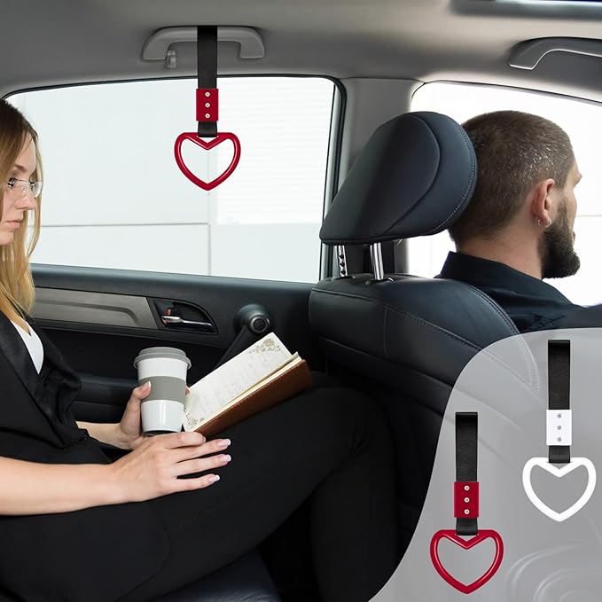 2 Pieces Rings Heart Shaped Car Handle Straps Drift Charm Rear Bumper Warning Ring Decor Subway Bus Broken Heart Handle for Car Interior (White and Red with Black Rope)