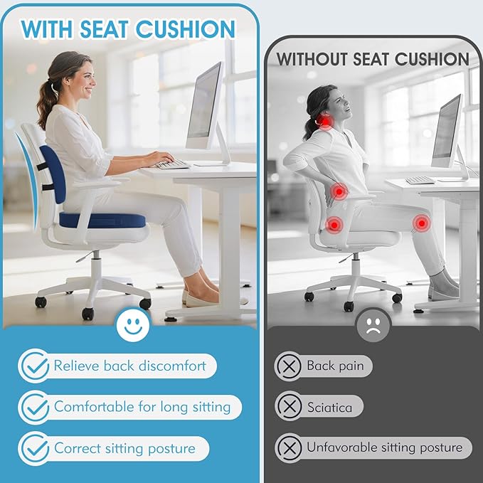 CushZone Seat Cushion, Lumbar Support Pillow with Adjustable Strap-Chair Cushions for Sciatica Pain Relief-with Washable Cover Memory Foam for Car, Travel and Wheelchair-Blue X-Large