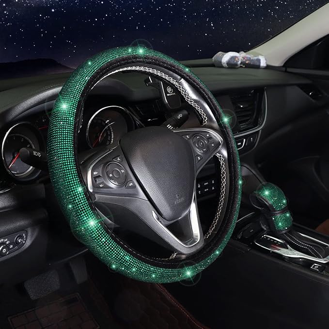 Steering Wheel Cover Set 15 inch,7 Pack Crystal Rhinestone Diamond Bling Green Car Accessories Set,Seat Belt Cushion, Gear Shifter Cover,Car Bling Ring, Cup Coaster,Green