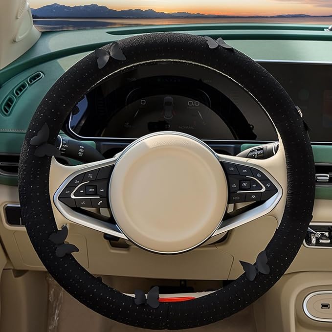 Butterfly Embroidery Steering Wheel Cover, Cute Mesh Fabric Steering Wheel Cover for Women, 14.5-15 Inch Non-Slip Breathable Microfiber Car Steering Wheel Protector