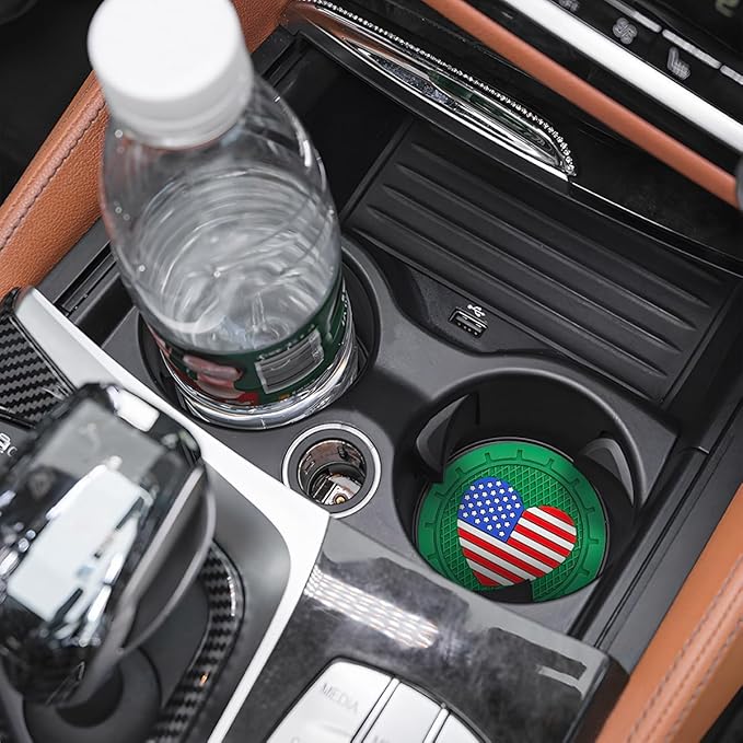 AUCELI 2 Pack Car Cup Holder Coasters, Colored American Flag US Flag Insert Car Cup Coaster, 2.75 Inch Anti Slip Shockproof Embedded Drink Mat, Vehicle Interior Decor Accessories