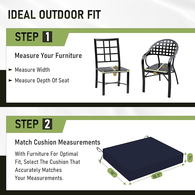 Basic Beyond Outdoor Chair Cushions Set of 4, Square Corner Outdoor Cushions for Patio Furniture, Water Resistant Patio Chair Cushions with 2 Ties, 18.5x16x3, Navy