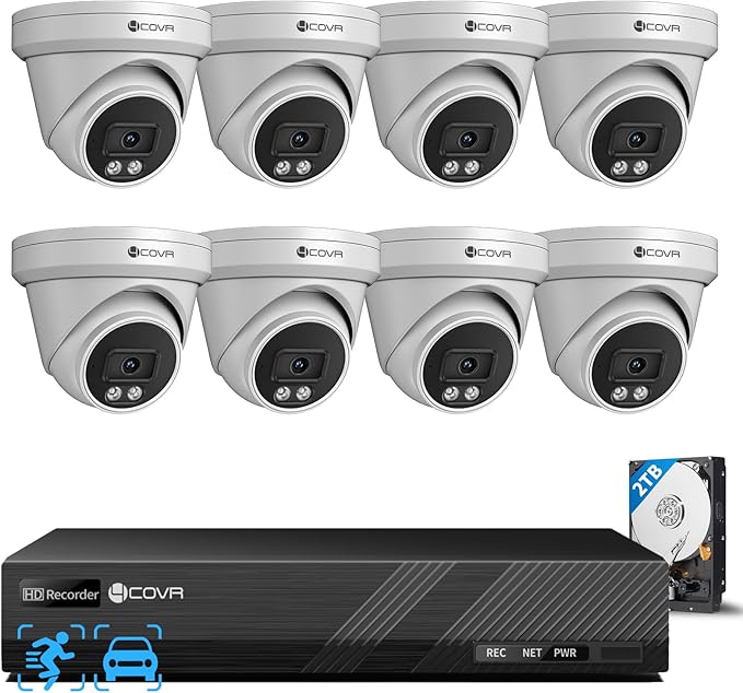 4COVR PoE Security Camera System Outdoor, 8X 5MP 110° Wide View Angle IP67 Dome IP Camera with Audio, 4K 8 CH NVR 2TB HDD, AI Human Vehicle Detection & Night Vision, 24/7 Recording, LY97SA5M0808-1