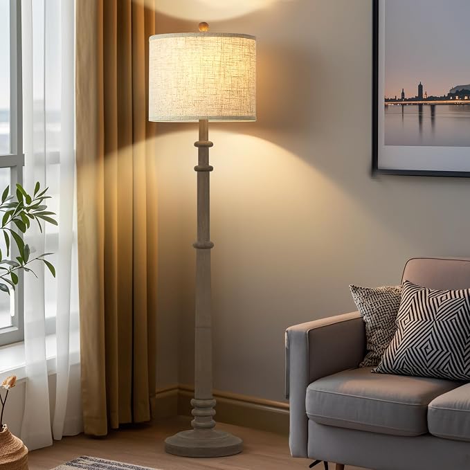 EJIAXIN Floor Lamps for Living Room - 60" Resin Farmhouse Floor Lamp with Adjustable Color Temperatures - Vintage Standing Lamp Reading Light with Linen Shade Retro Tall Lamp for Bedroom Office, Grey