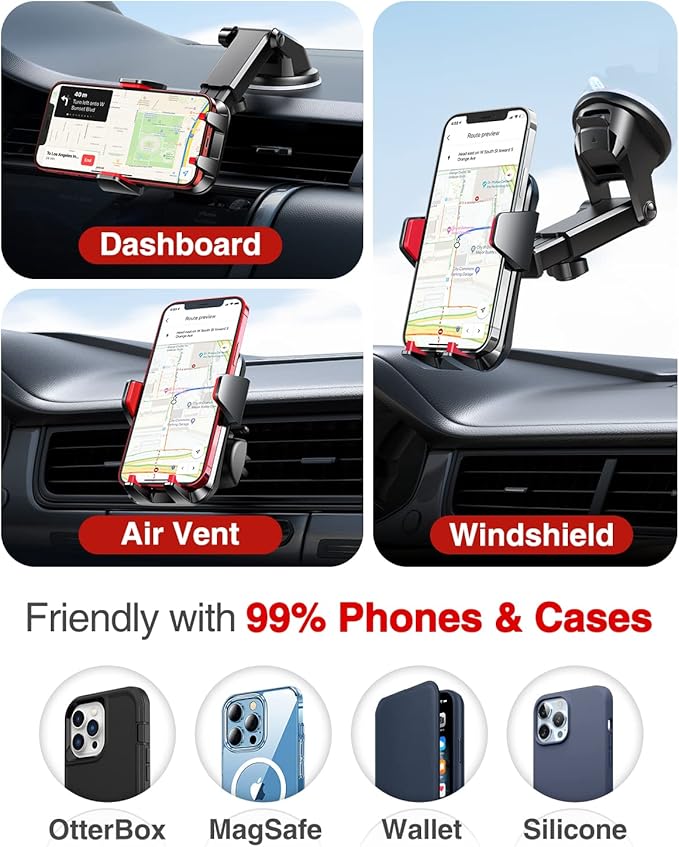 VANMASS【85+LBS Strongest Suction & Military-Grade Ultimate Car Phone Mount【Patent & Safety Certs】 Cell Phone Holder for Dash Windshield Vent for iPhone 17 Pro Max Automobile Accessory Kits,Red