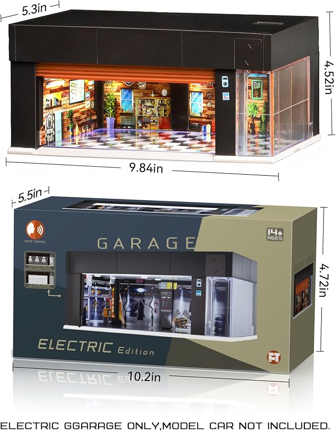 1/64 Scale Diecast Display Case for Hot Wheel Storage with LED Lights, Stackable Electric Garage with Voice Control, 3 Replaceable 3D Scenes Parking Lot Diorama for Model Cars (Brown)