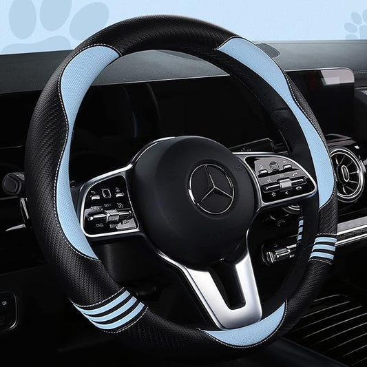HighnessHwoo Car Steering Wheel Covers for Women Girl Padded Carbon Fiber PU Leather Cute Cartoon Auto Interior Accessories for Jeep, Truck, Universal, Anti Slip, Blue, Large Size, 15.2-16in