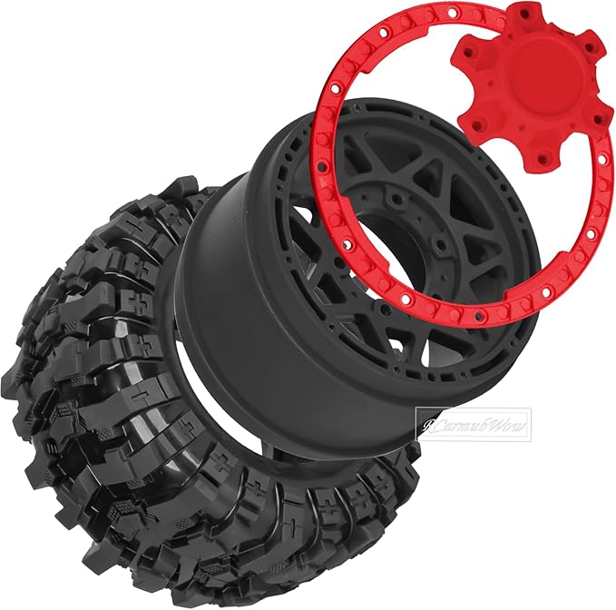 1/10 Scale RC Truck Tires,Wheels and Tires w/12/14/17MM Hex for Rustler Stampede Hoss,Arrm a Granite Vorteks Big Rock 3S,1/10 Off Road Tires Rubber Truck Tyres w/Foam Insert,Black w/Red