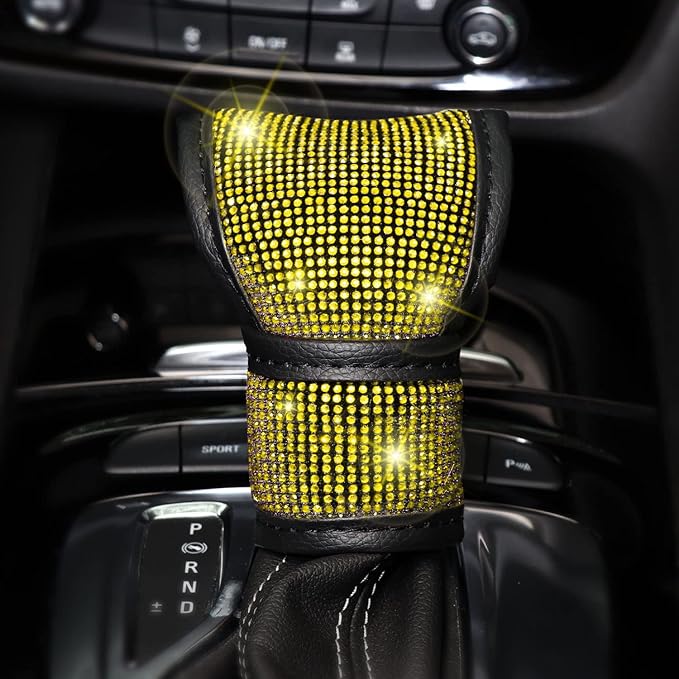 Steering Wheel Cover Set 15 inch,7 Pack Crystal Rhinestone Diamond Yellow Bling Car Accessories Set,Seat Belt Cover,Bling Gear Shift Cover,Puch Start Ring,Car Cup Coaster,Yellow
