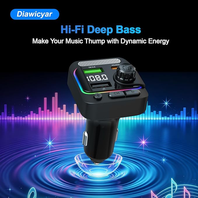 FM Transmitter Bluetooth Car Adapter - 63W Wireless Radio FM Bluetooth Transmitter with Deep Bass Player for Old Cars [PD 45W & QC3.0], Car Charger USB C Fast Charge, Hands-Free Calling, Black