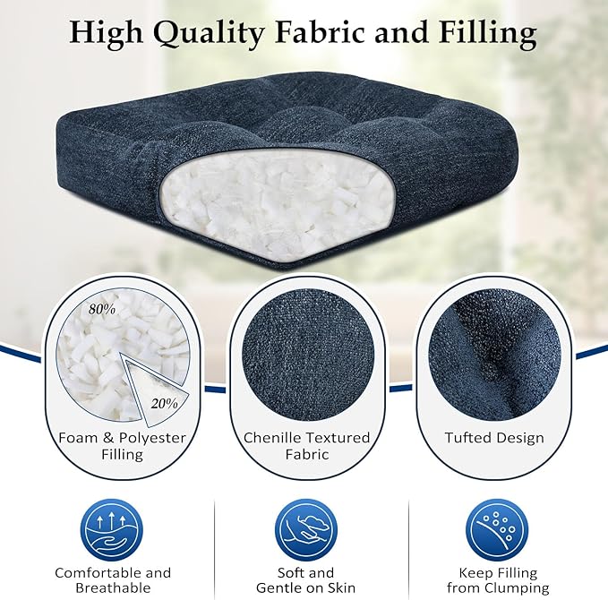 downluxe Chair Cushions for Dining Chairs 4 Pack, Tufted Indoor Chair Pads with Non-Slip Bottom, U-Shaped Kitchen Chair Cushions, 18"x18"x4", Navy