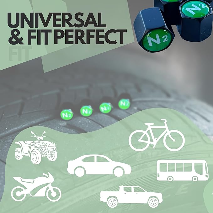TACTILIAN N2 Nitrogen Tire Valve Caps | Leakproof Aluminum Tire Valve Stem Caps Green with Rubber O-Rings for Nitrogen Filled Tires | N2 Tire Valve Caps Green 4 Pack