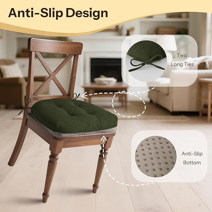 Indoor Kitchen Chair Cushions Set of 2 18"X16.5"X3" Soft Anti Slip Dining Chair Pads Tufted Kitchen Seat Cushion with Ties, Dark Green