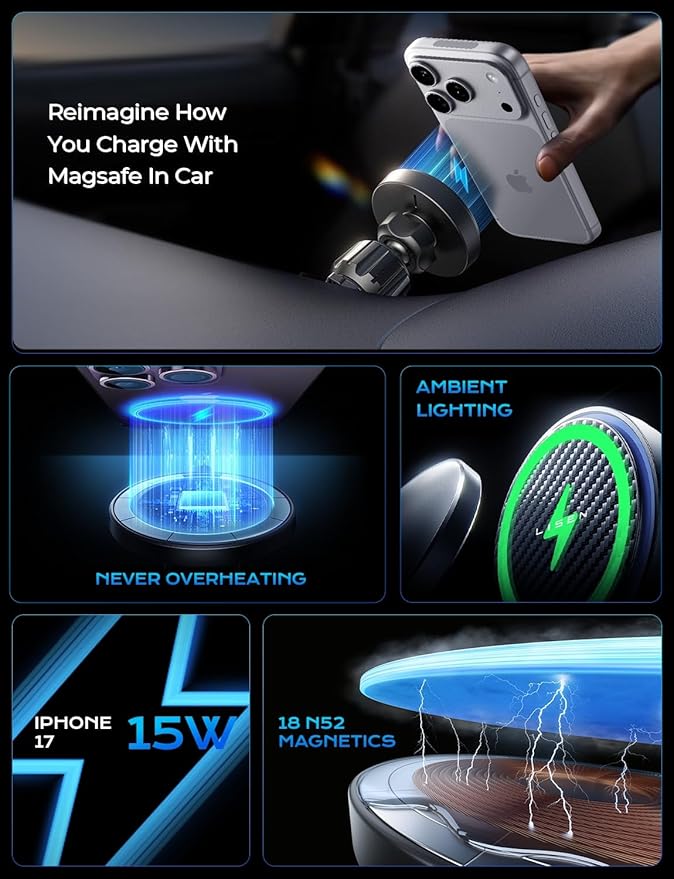 LISEN for 15W MagSafe Car Mount Charger,Wireless Car Charger,Magnetic Phone Holder for Car,Phone Holders for Your Car Accessories for Women Men Jeep Ford F150 for iPhone 17 16 15 14 13 12,Samsung