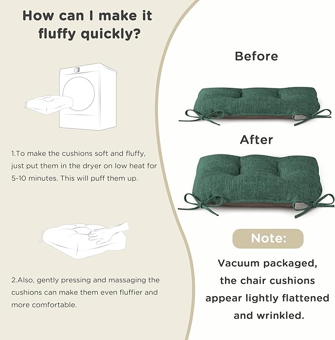 AddGrace Chair Cushions for Dining Chairs Set of 1 Kitchen Seat Cushions with Ties and Non Slip Backing Tufted Indoor Seat Pad for Kitchen Dining Room 18" x 17" x 3" Dark Green