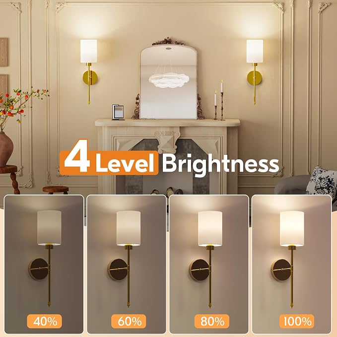 NIORSUN 20.67 inch Battery Operated Wall Sconce Set of 2, Gold Rechargeable Wall Lights with 10400mAh Dimmable Bulbs and Remote, 9 Colors Wireless Wall Lamps for Bedroom Living Room Hallway