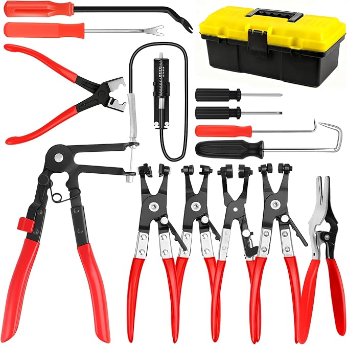 13PCS Hose Clamp Pliers Set, Long Reach Hose Clamp Kit with Box for Automotive Coolant Radiator Heater and Water Hose, with Flexible Wire Clic R Type Swivel Jaw Flat Band Pliers
