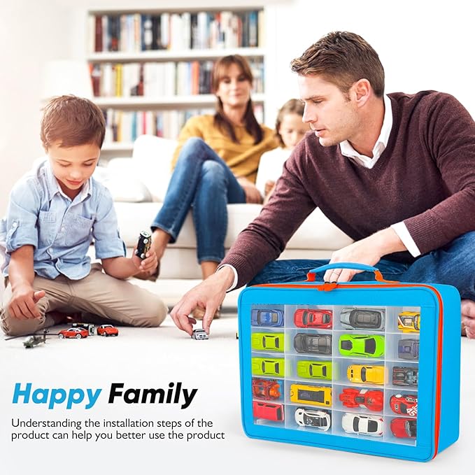 Toy Organizer.72 Compartments.Toy Storage Box Compatible With Hot wheels Cars, Matchbox Cars,Mini Toys and Small Dolls.Toy Storage Display Case With 3 Layers of Removable Trays(Blue)