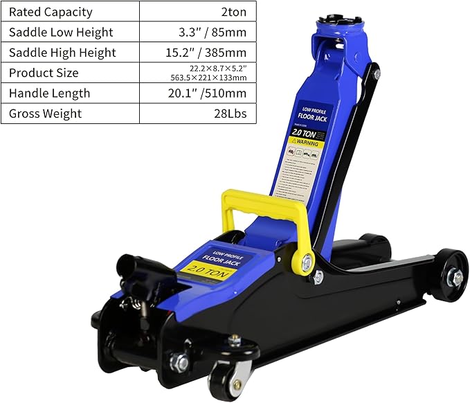 4 Piece Car Truck Floor Jack Service with Jack Stands Tire Repair Kit for Garages, Automotive,Repair Shops and DIY, Portable, 2 Ton 4,000 lbs, Lifting Range 3.3" - 15.2", Heavy Duty Steel, Blue