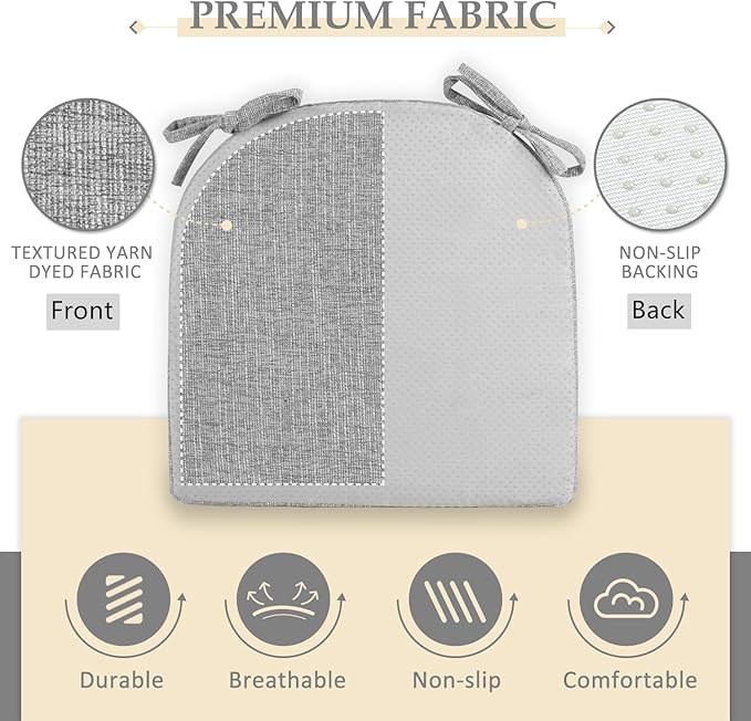 Wellsin Chair Cushions for Dining Chairs 4 Pack - Kitchen Chair Cushions with Ties and Non-Slip Backing - Dining Chair Pads 16"X16"X2", Light Gray