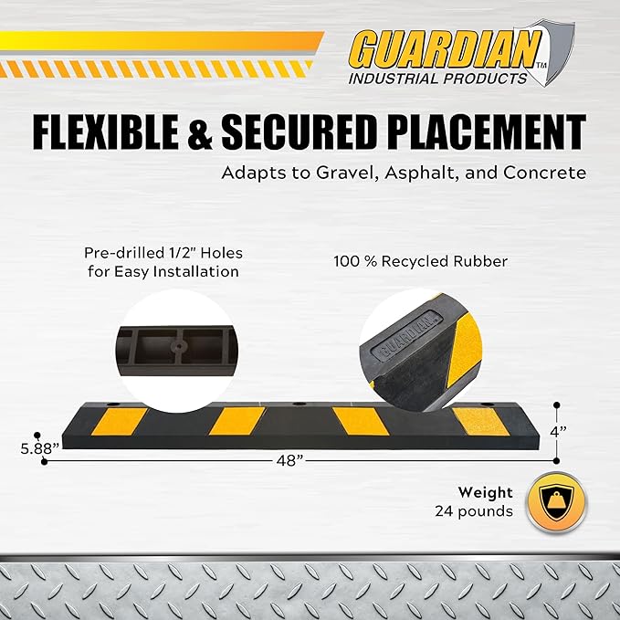 Guardian 4 Pack Parking Stop, 4 Foot Long Flexible Rubber Curb, Highly Visible Accessory with Mounting Holes for Job Sites and Garages, Black/Yellow