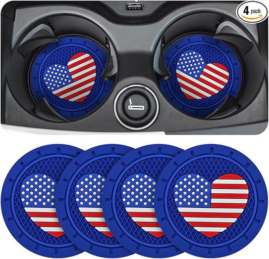 AUCELI 4 Pack Car Cup Holder Coasters, Colored American Flag US Flag Insert Car Cup Coaster, 2.75 Inch Anti Slip Shockproof Embedded Drink Mat, Vehicle Interior Decor Accessories