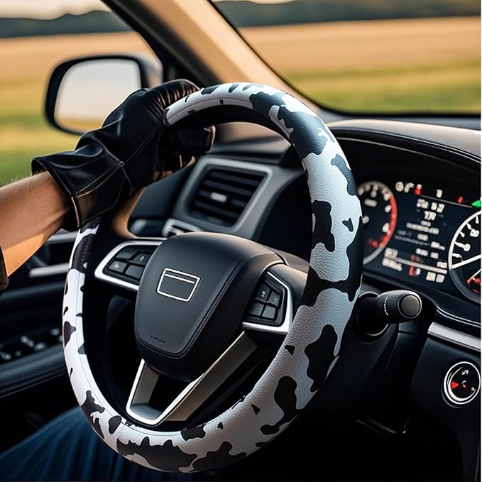 Universal Steering Wheel Cover Women 14.5-15 inch car Accessories Cow Print Western Leather Anime Black and White Cute Wheel Cover Anti-Slip Car Protecter for Men