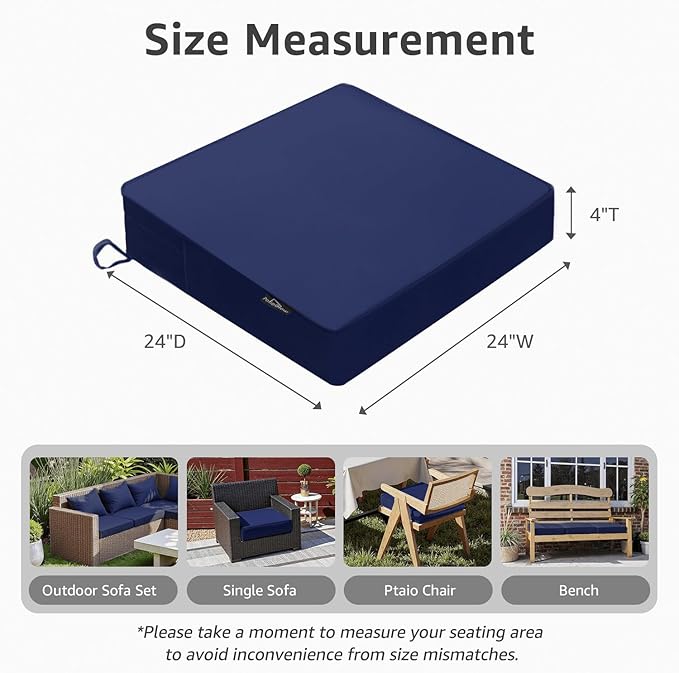 PatioGlow Outdoor Chair Cushions 24 x 24 x 4 Inch, Waterproof & Fade Resistant Patio Seat Cushion for Furniture with Handle and Ties, Thick Seating Pads for Outside Sofa Couch Set of 2, Dark Blue