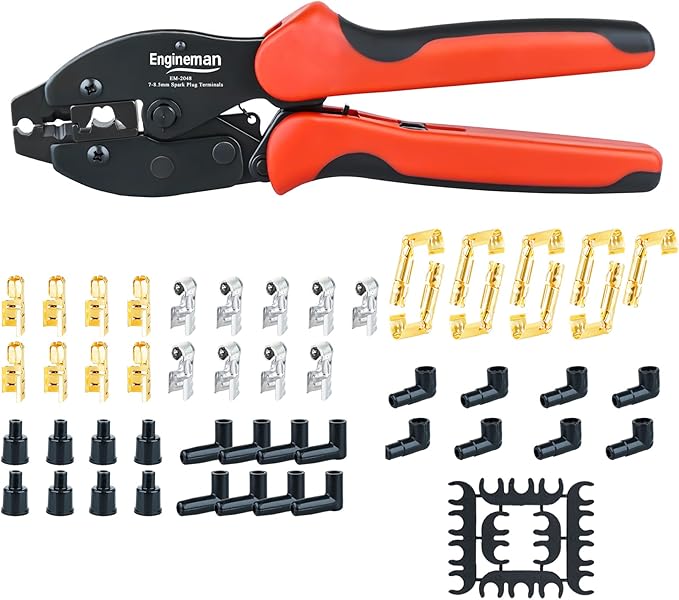 Spark Plug Wire Crimping Tool Kit, Ratchet Spark Plug Crimper for Crimping and Stripping Plug, 26PCS 180 °/90 °/Straight Spark Plug Coil Terminals and 24PCS Terminals Boots