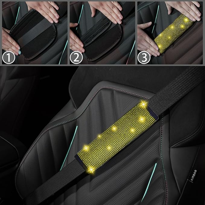 NBTEPEM 8 pcs Yellow Bling Car Accessories Set for Women, Steering Wheel Cover, Sparkly Seat Belt Covers, Bling Gear Shift Cover, Universal Fit Most Cars (Yellow Diamond)