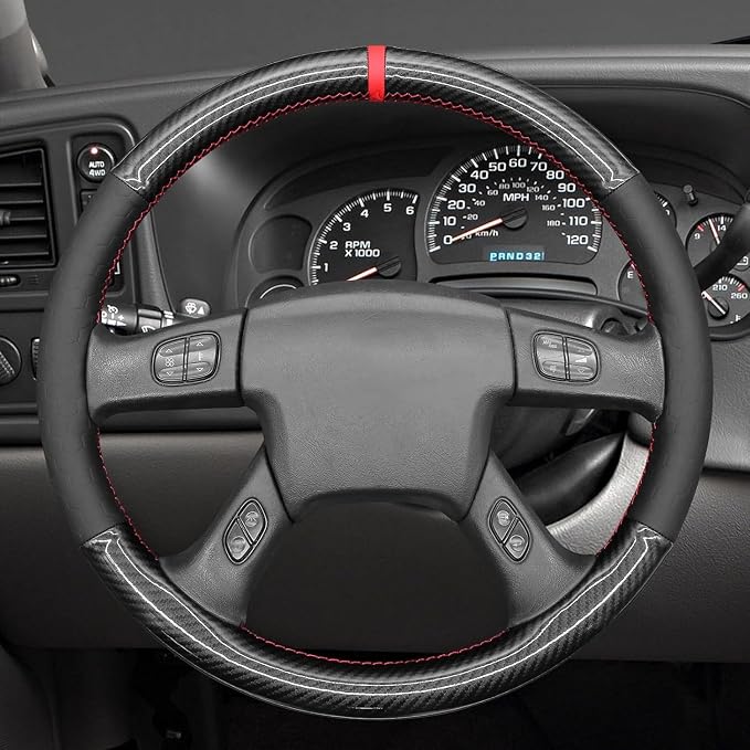 MEWANT Hand Stitch Steering Wheel Cover for Chevy Silverado 1500 Carbon Fiber Hive Embossed Faux Leather Steering Wrap