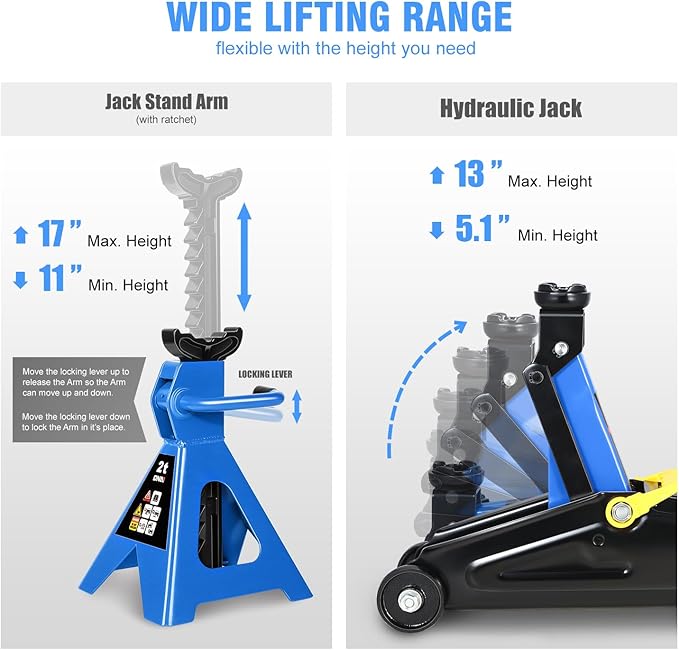 DNA Motoring 2 Ton Car Jack and Stands Kit 2T(4000 lbs) Capacity Low Profile Hydraulic Trolley Service/Floor Jack with 2 Ratchet Stands Combo for Home Garage Shop, Blue, TOOLS-00476