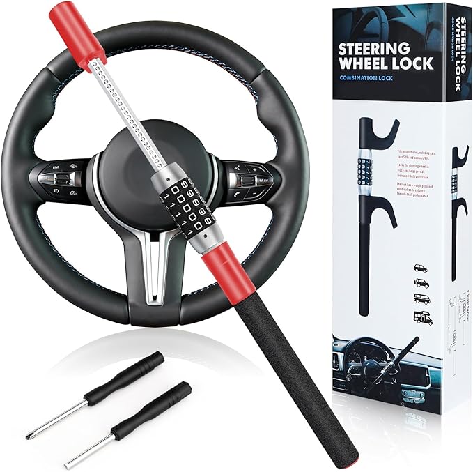 5 Digital Combination Car Steering Wheel Lock,LAMA Password Code Steering Lock, Retractable Keyless Heavy Duty Steering Wheel Lock,Universal Anti-Theft Car Steering Fit for Cars,Trucks,Vans,SUVs